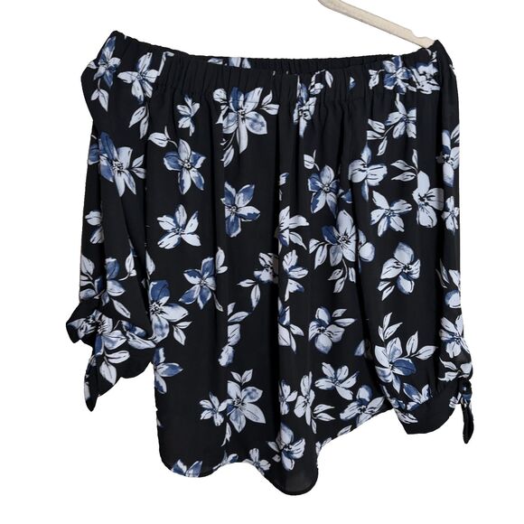 Premise Studio Blouse Women's Large Black Floral 3/4 Sleeve Tie Off the Shoulder - Picture 2 of 9